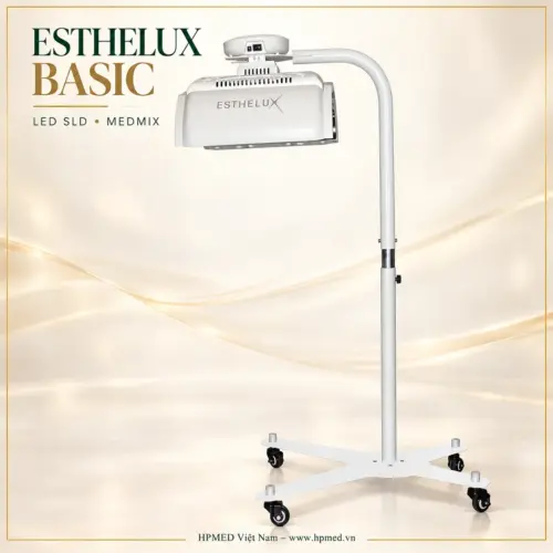Toàn bộ máy ESTHELUX Basic MEDMIX nhìn từ bên, có chân đế bánh xe