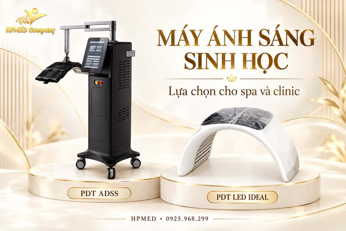 Minh họa máy ánh sáng sinh học PDT ADSS dạng đứng và PDT LED IDEAL dạng vòm cho spa, clinic