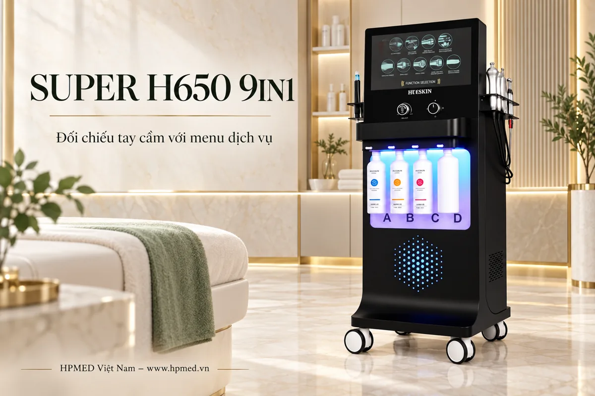 Máy Aqua Peel: Giá, So Sánh 2 Mẫu & Cách Chọn Cho Spa 2 Máy chăm sóc da Super H650 9in1 màu đen với khoang bốn bình dung dịch