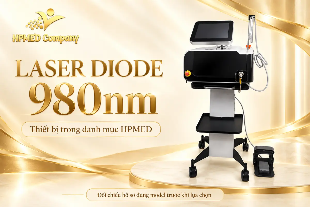 Máy laser diode 980nm màu đen trên giá đỡ có bánh xe, màn hình cảm ứng và tay cầm trong banner HPMED