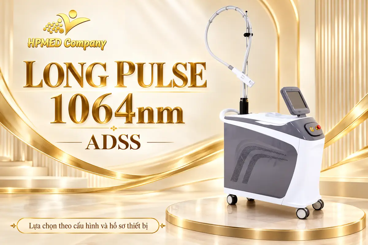 Máy laser xung dài Long Pulse 1064nm ADSS màu trắng xám với màn hình và tay cầm trong banner HPMED
