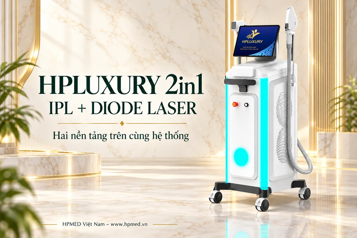 Máy HPLUXURY 2in1 với màn hình, hai tay cầm và dải sáng xanh ngọc