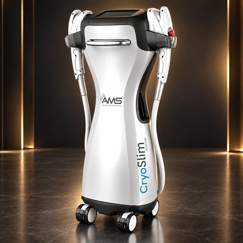Máy giảm béo CryoSlim Hybrid AAMS toàn thân với nhãn AAMS và chữ CryoSlim Hybride trên thân máy