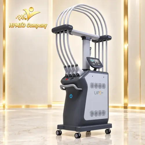 Máy giảm béo LIPO 1060 màu graphite và bạc với 4 đầu điều trị, màn hình cảm ứng và chân đế bánh xe