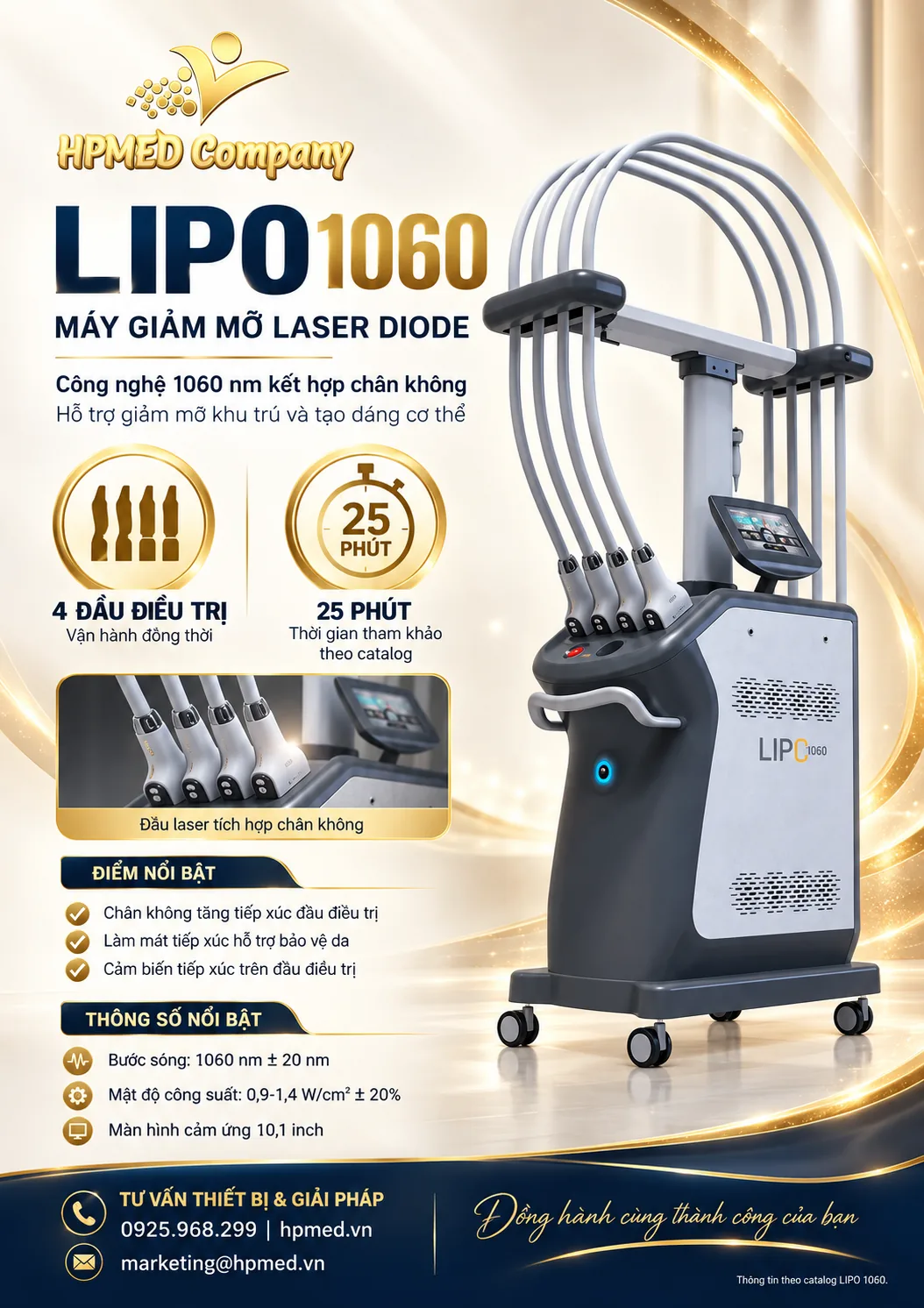 Máy giảm béo LIPO 1060 Eunsung – Diode Laser 1060 nm 3 Poster HPMED giới thiệu máy LIPO 1060, 4 đầu điều trị và thông số laser 1060 nm