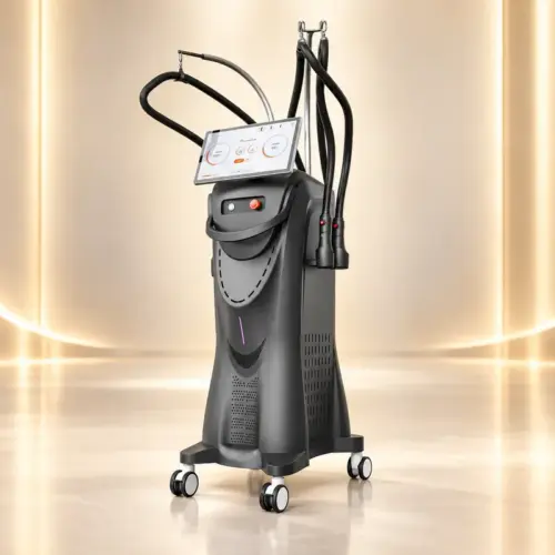 Máy giảm béo vi sóng Pro CoolWave RF7.0 màu graphite cùng dây và tay cầm trên nền champagne luxury