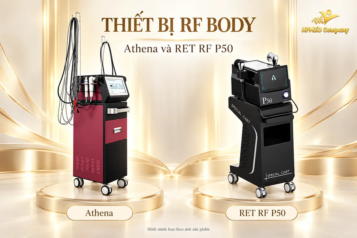 Thiết kế máy RF body Athena màu đỏ đen và RET RF P50 trên xe đẩy