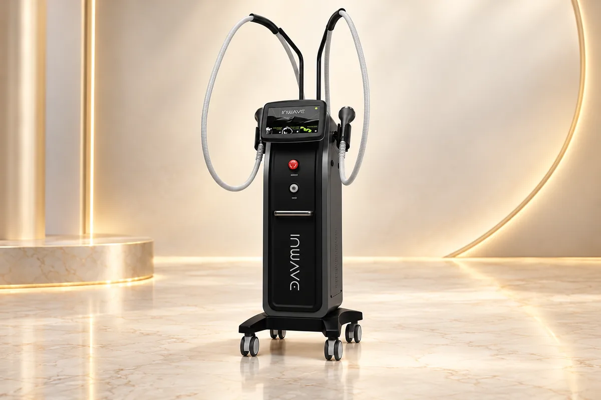 Máy INWAVE GTG Medical thân đen, hai dây tay cầm màu xám và chân bánh xe trên nền vàng champagne