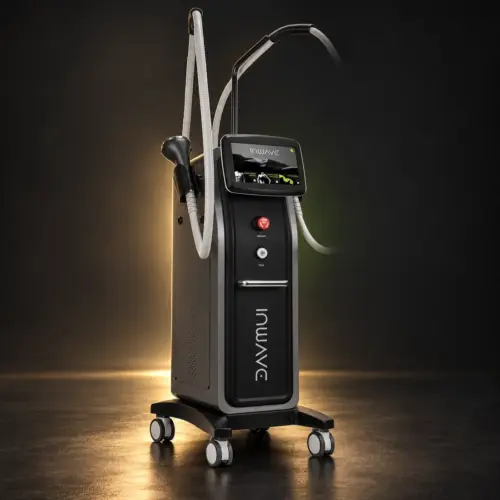 Máy giảm mỡ vi sóng INWAVE GTG Medical màu đen với màn hình cảm ứng và dây tay cầm trên nền luxury
