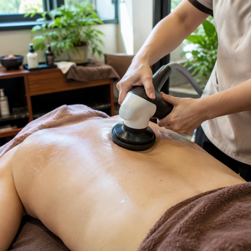 Bí quyết phục hồi sức khỏe: Câu chuyện spa ứng dụng máy đả thông kinh lạc hiệu quả 2 Kỹ thuật viên đang sử dụng máy giãn cơ đả thông kinh lạc trên lưng khách hàng trong không gian spa