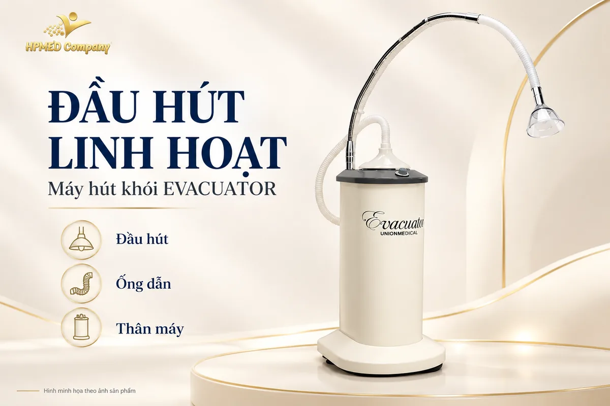 Máy hút khói EVACUATOR với đầu hút trong suốt, ống dẫn và thân máy dạng trụ