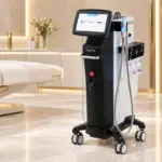 Máy chăm sóc da INPURE toàn thân trong không gian spa tông kem và vàng champagne