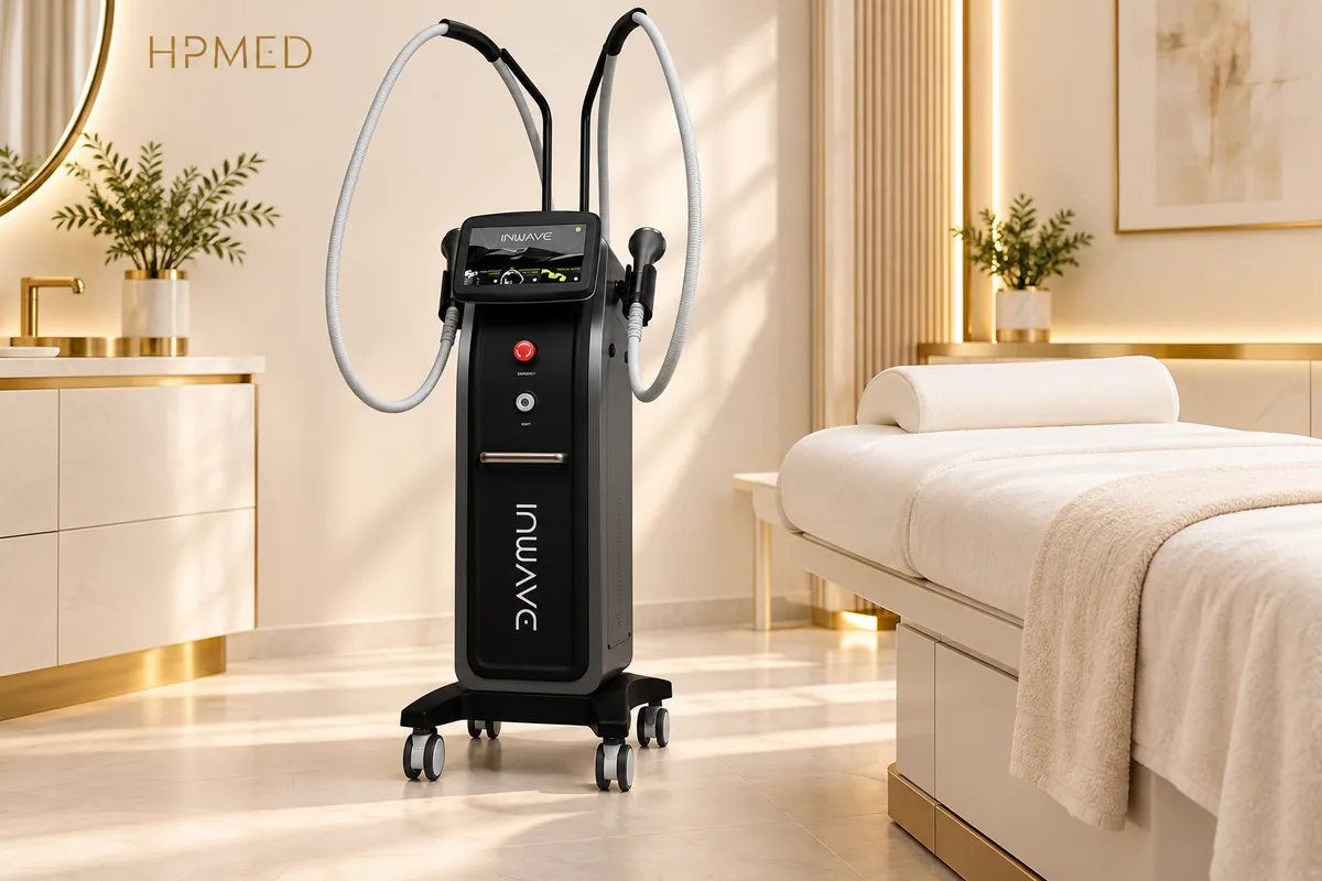 Phối cảnh máy INWAVE màu đen bên giường chăm sóc body trong phòng tông kem và vàng