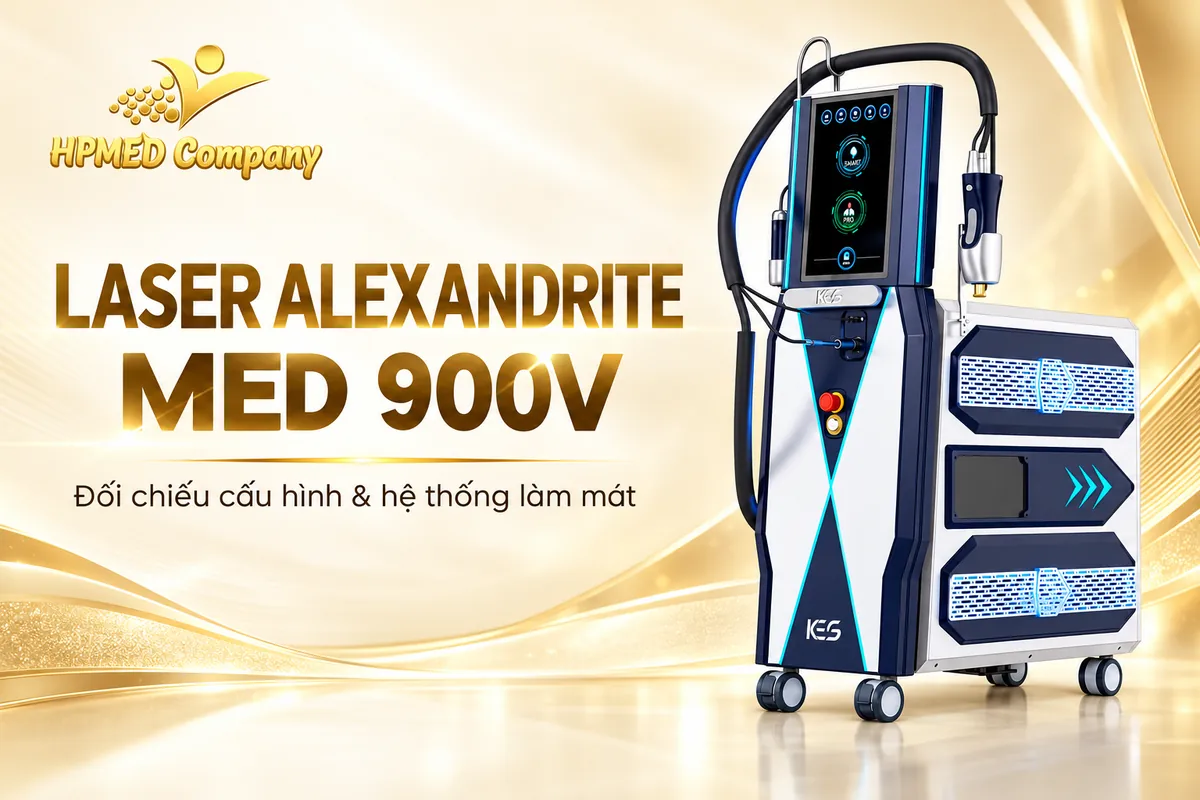 Máy laser Alexandrite MED 900V với màn hình, tay cầm và hệ thống làm mát trong banner HPMED