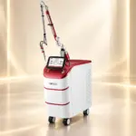 Máy laser pico INPICO thân trắng đỏ với cần dẫn tia khớp nối và màn hình cảm ứng