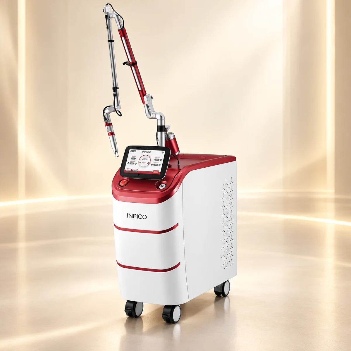 Máy Laser Pico INPICO Hàn Quốc – Xung 300 ps 2 Máy laser pico INPICO thân trắng đỏ với cần dẫn tia khớp nối và màn hình cảm ứng