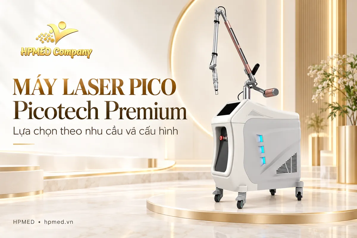 Máy Laser Picotech Premium với tay dẫn quang và thân máy trong banner HPMED