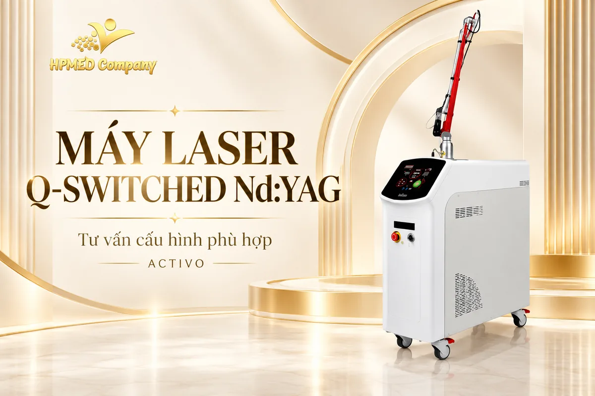 Máy Laser Q-Switched Nd:YAG Activo với tay dẫn quang màu đỏ trong banner HPMED