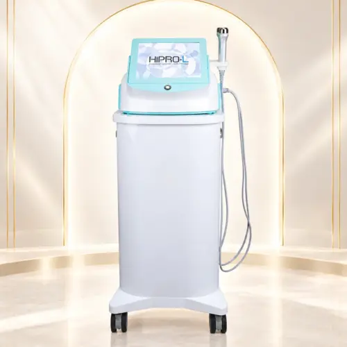 Máy Sono LDM HIPRO-L với màn hình xanh ngọc, tay cầm và xe đẩy trên nền champagne