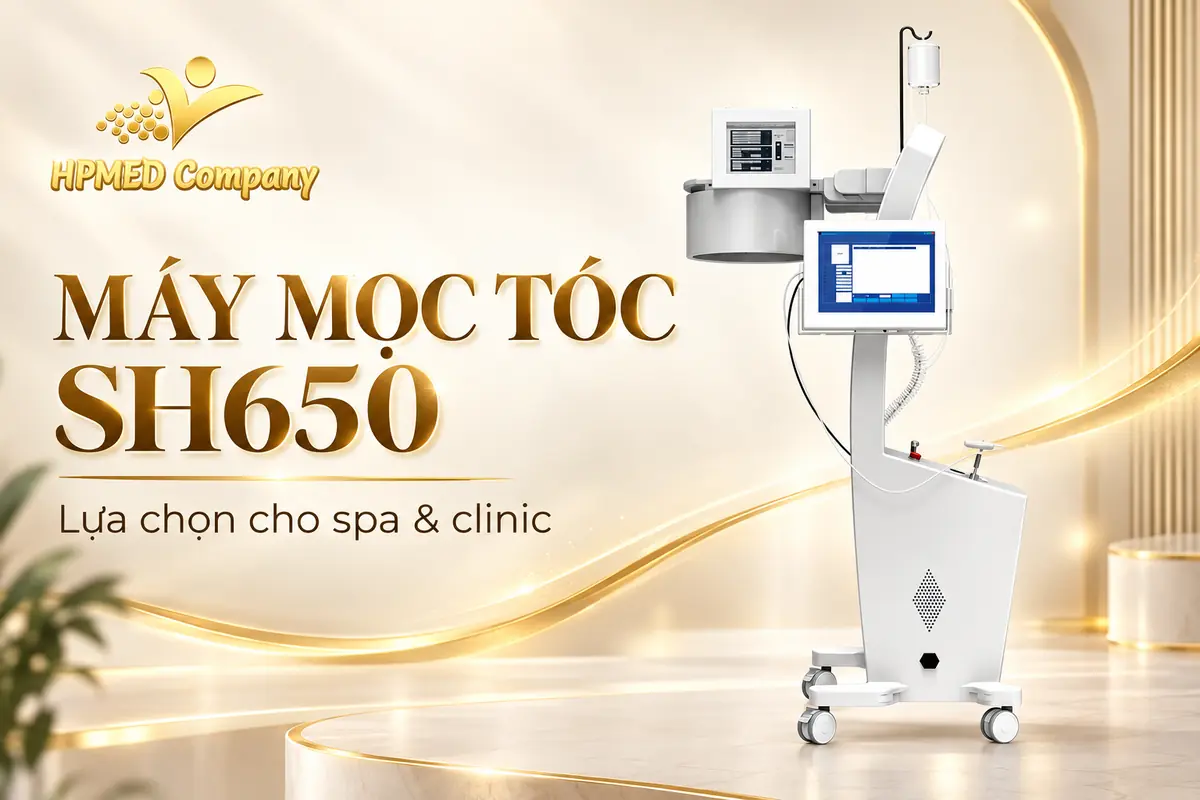 Máy mọc tóc SH650 màu trắng với vòm chiếu, màn hình và chân đế bánh xe trong banner HPMED