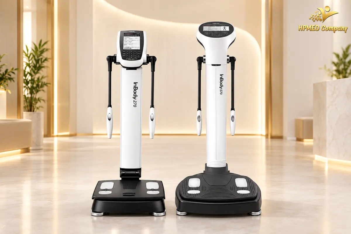 Hai máy phân tích chỉ số cơ thể InBody 270 và InBody 570 với tay cầm điện cực và bệ đặt chân