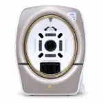 Máy phân tích da JANUS Pro Sunlike của PIE, mặt trước với viền vàng và khoang chụp khuôn mặt