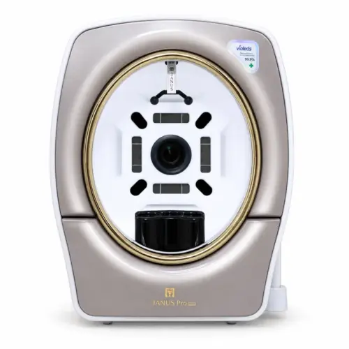 Máy phân tích da JANUS Pro Sunlike của PIE, mặt trước với viền vàng và khoang chụp khuôn mặt