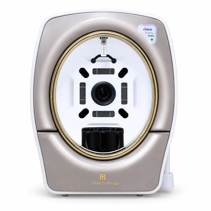 Máy phân tích da JANUS Pro Sunlike của PIE, mặt trước với viền vàng và khoang chụp khuôn mặt