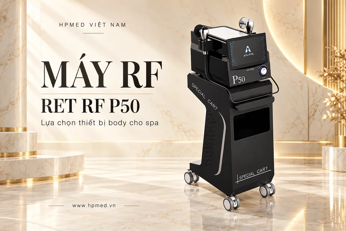 Máy RF là gì và cách chọn máy phù hợp cho spa 1 Máy RF RET P50 với đầy đủ thân máy và tay cầm trên nền champagne