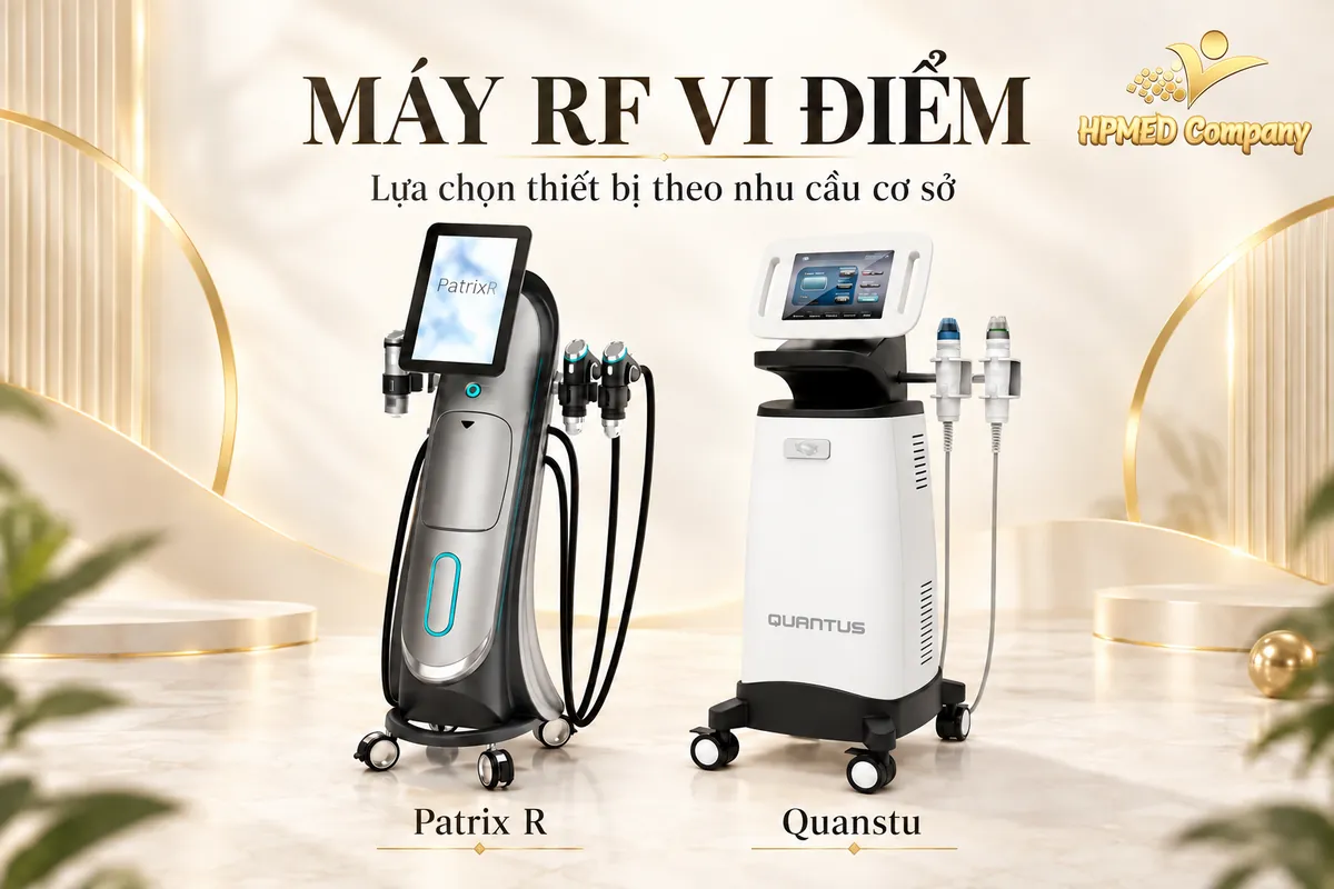 Minh họa máy RF vi điểm Patrix R bên trái và Quanstu bên phải theo ảnh sản phẩm trên website HPMED