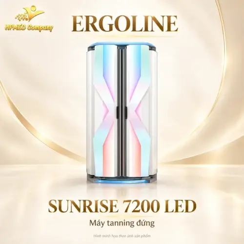 Máy tanning đứng Ergoline Sunrise 7200 LED với vỏ bạc và các mảng màu prismatic
