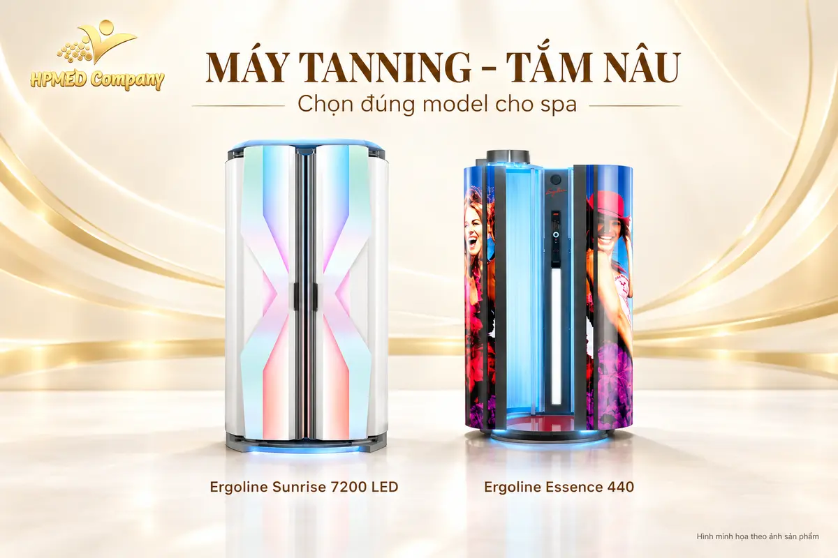 Hai máy tanning đứng Ergoline Sunrise 7200 LED và Essence 440, minh họa theo ảnh sản phẩm tại HPMED