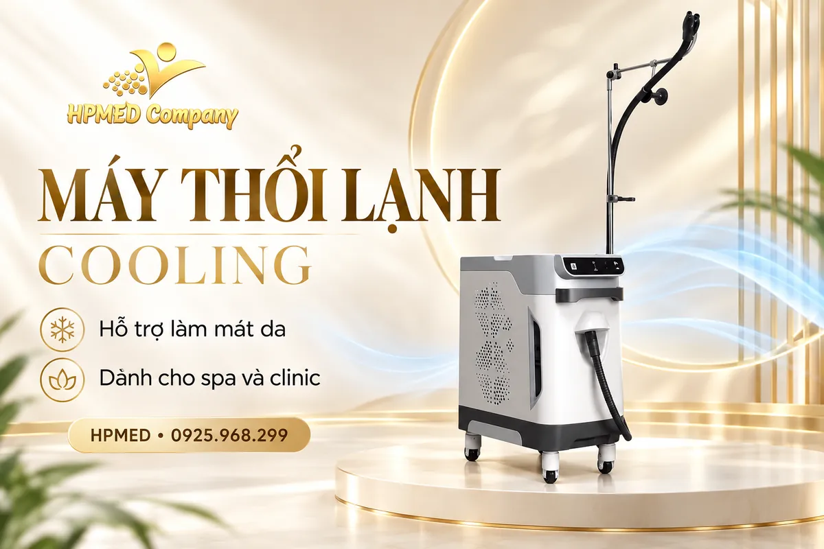 Máy thổi lạnh Cooling dạng đứng với ống dẫn khí và tay đỡ trong ảnh minh họa HPMED