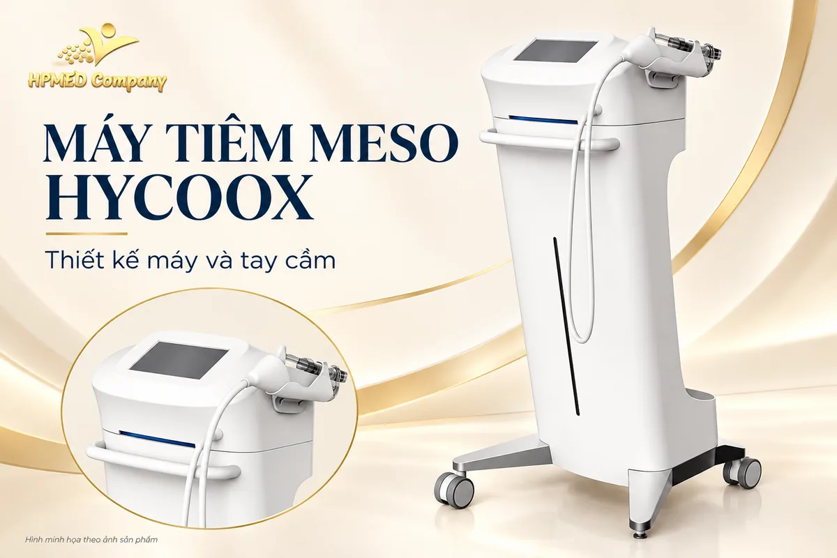 Máy tiêm meso Hycoox dạng đứng, kèm hình cận cảnh màn hình và tay cầm