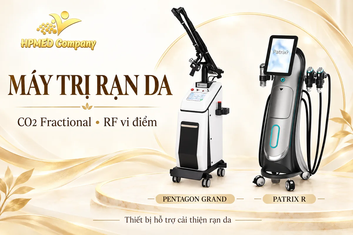 Máy laser CO2 Fractional Pentagon Grand và máy RF vi điểm Patrix R trong banner máy trị rạn da HPMED