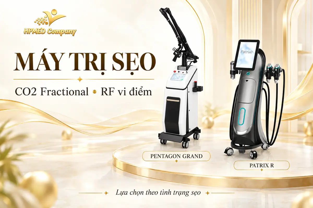 Máy CO2 Fractional Pentagon Grand và máy RF vi điểm Patrix R trong banner máy trị sẹo HPMED