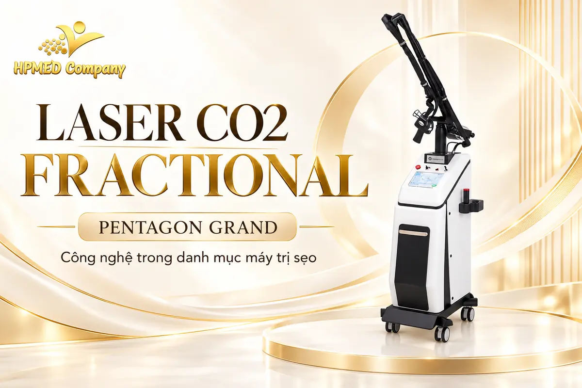 Máy laser CO2 Fractional Pentagon Grand với tay dẫn tia khớp nối trong banner công nghệ trị sẹo