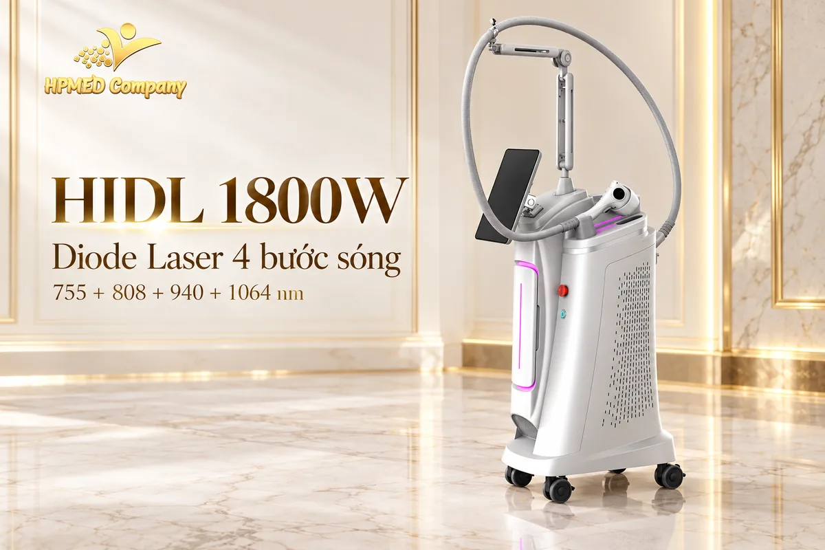 Toàn cảnh máy triệt lông HIDL 1800W với tổ hợp bước sóng 755 808 940 và 1064 nm