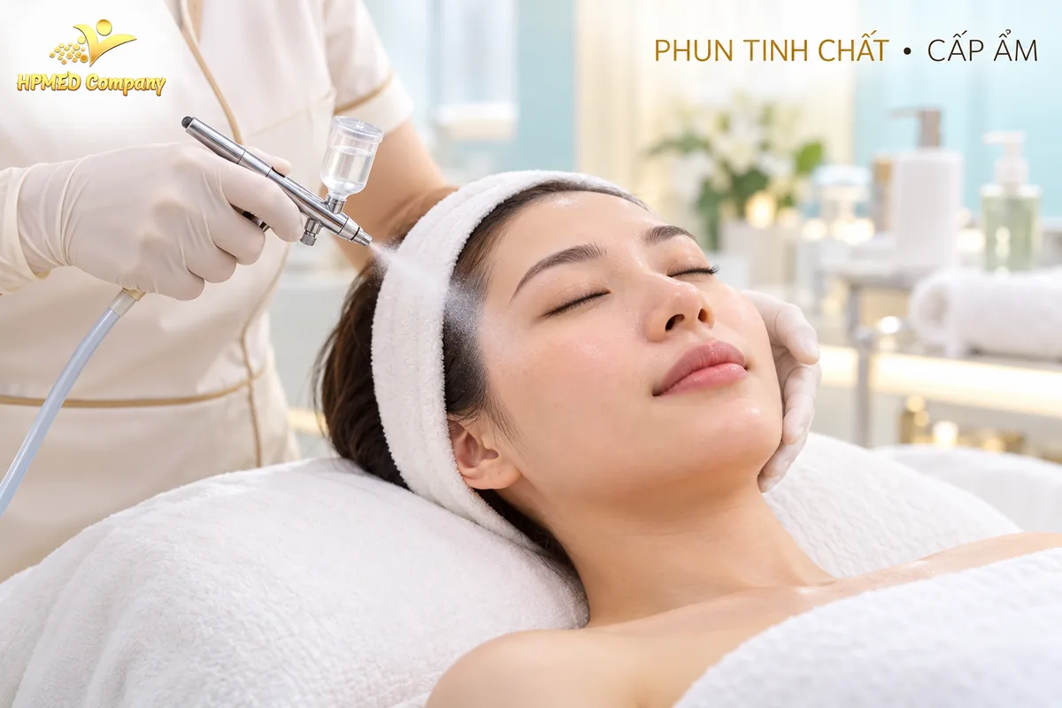 Minh họa kỹ thuật viên dùng súng Oxy Jet phun sương tinh chất lên vùng má