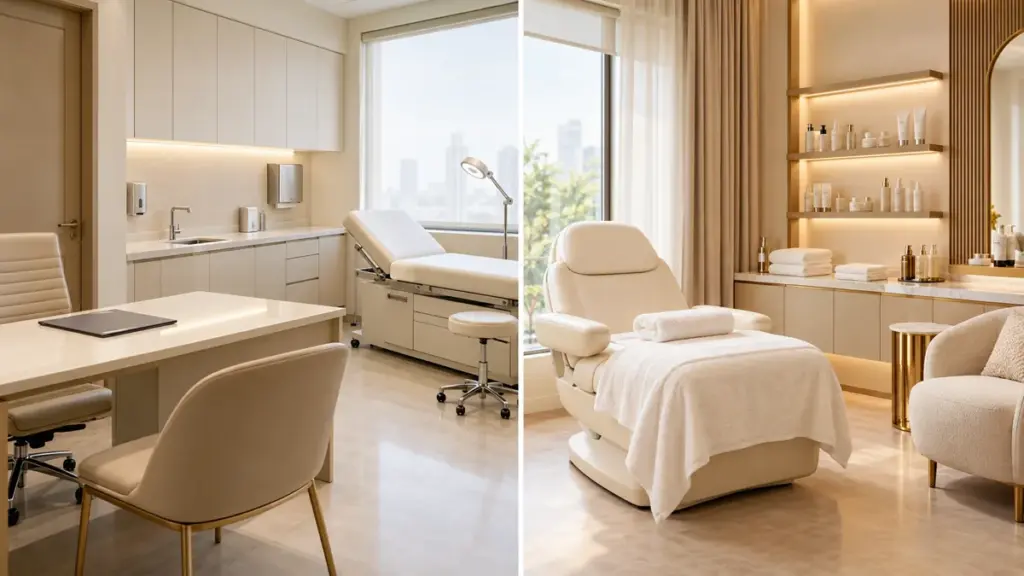 Ảnh AI minh họa không gian phòng khám da liễu bên trái và spa chăm sóc da bên phải