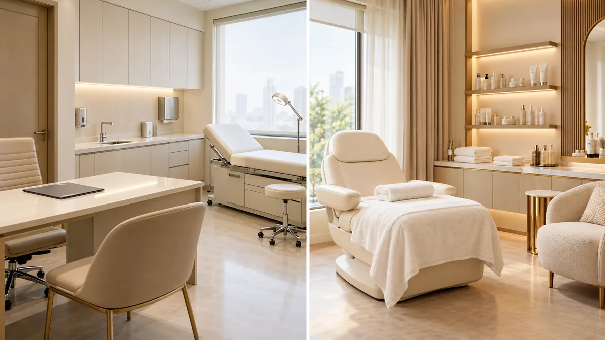 Phòng khám da liễu và spa khác nhau như thế nào? 1 Ảnh AI minh họa không gian phòng khám da liễu bên trái và spa chăm sóc da bên phải