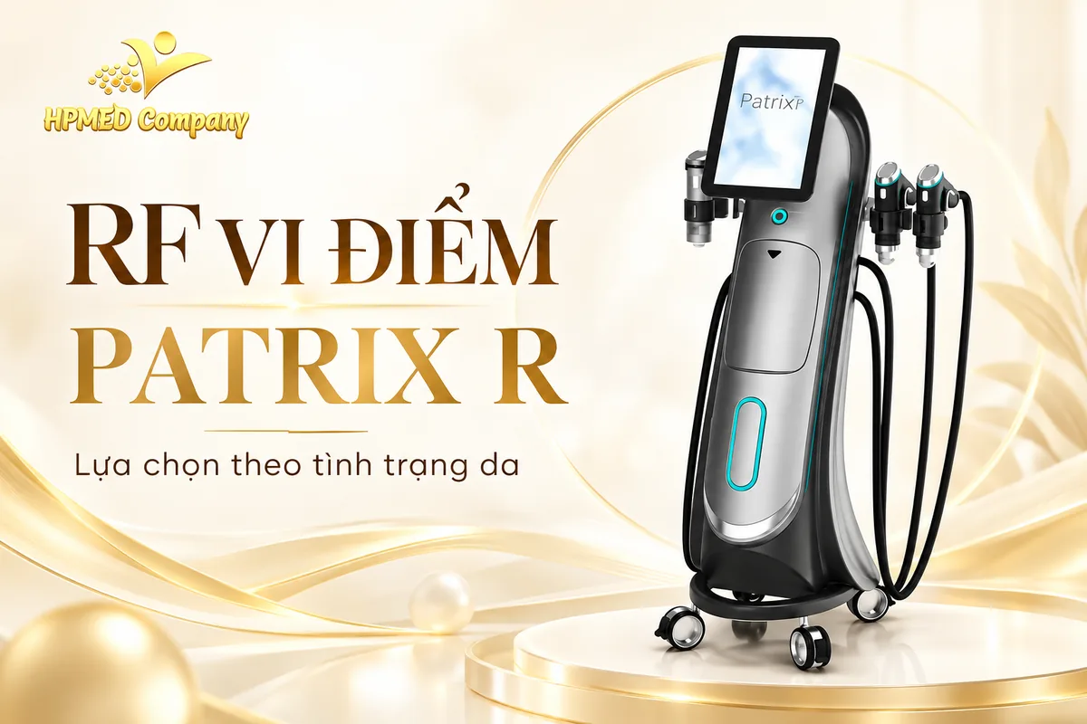 Máy RF vi điểm Patrix R màu xám với màn hình cảm ứng và tay cầm trong banner HPMED
