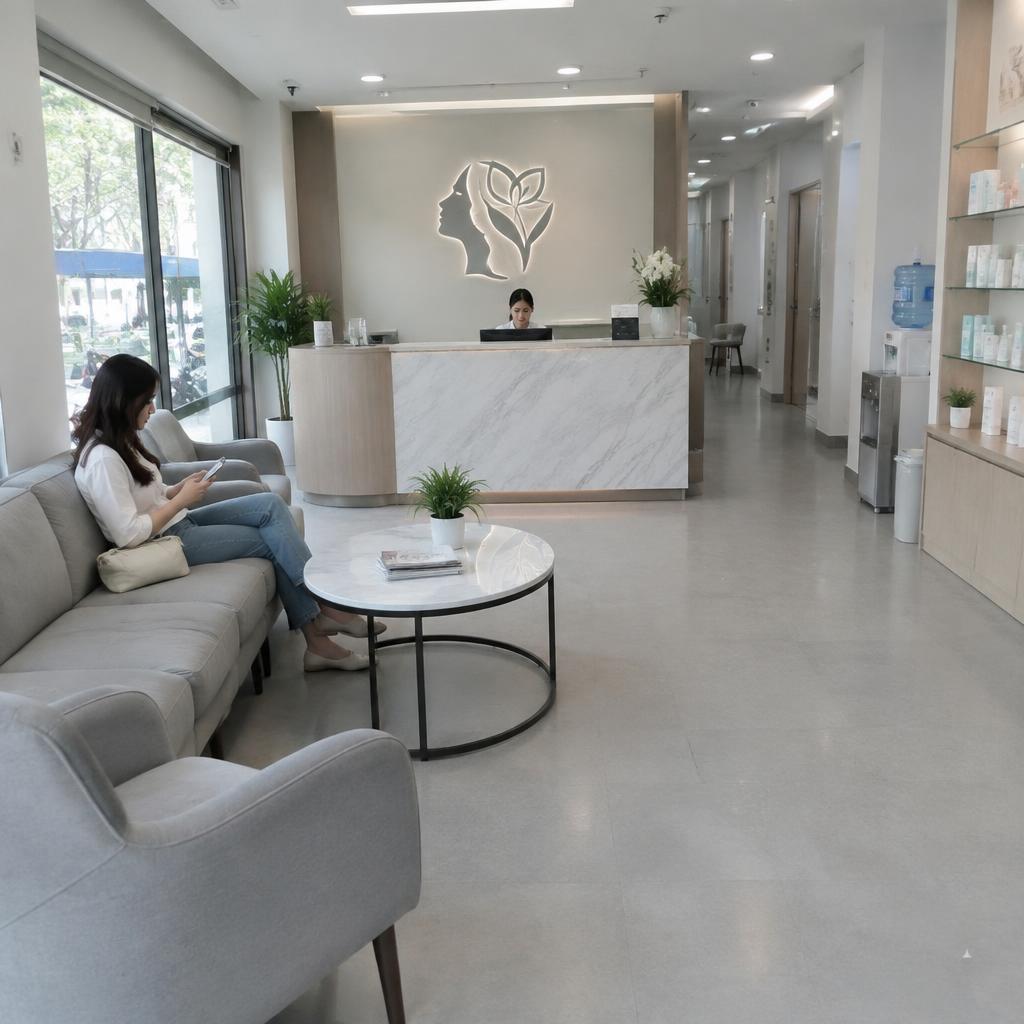 Khu vực lễ tân của một phòng khám da liễu hiện đại và thân thiện