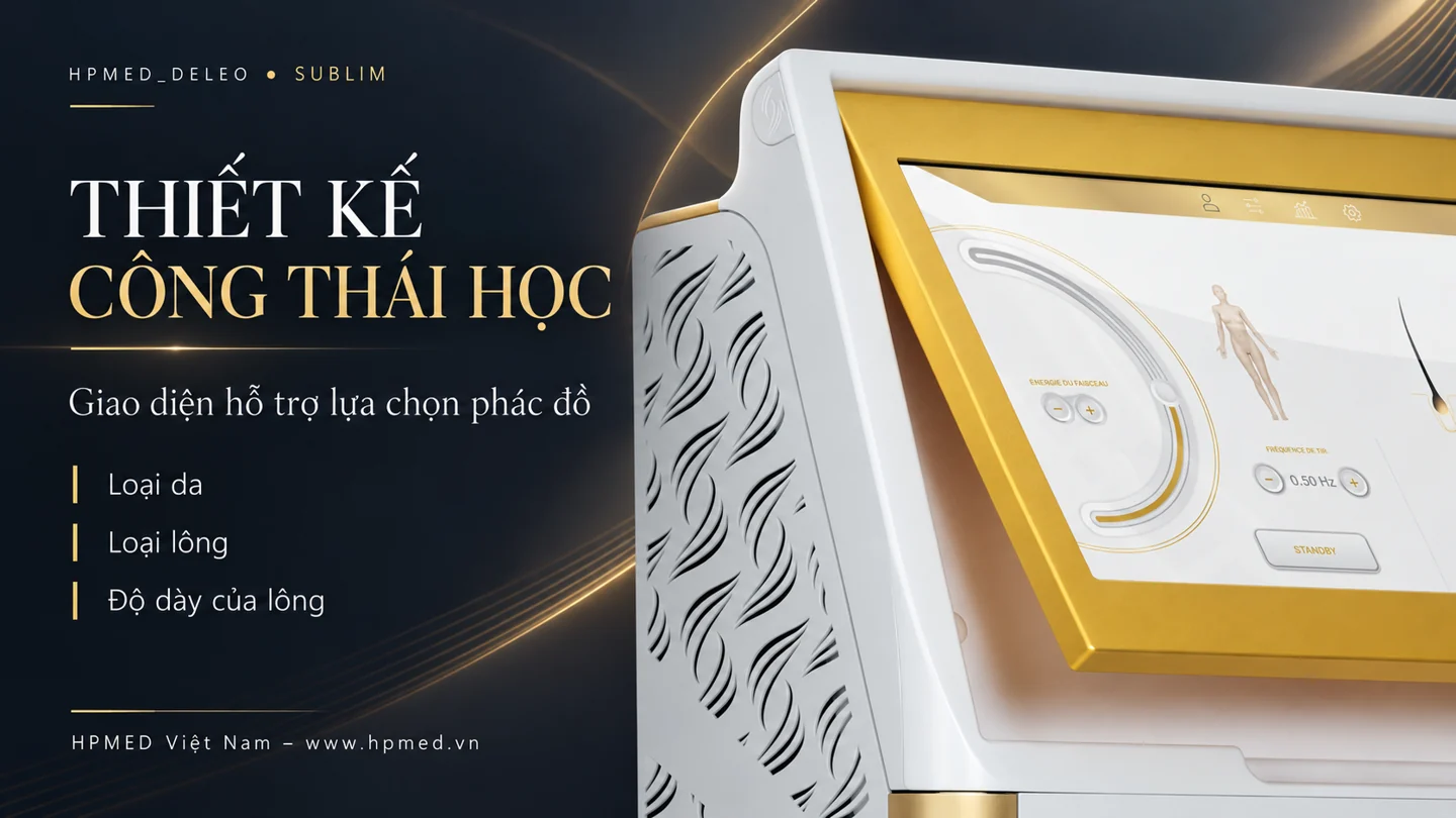 Máy triệt lông SUBLIM Deleo Pháp: tính năng và lợi ích 2 Cận cảnh màn hình viền vàng và giao diện điều khiển máy SUBLIM Deleo