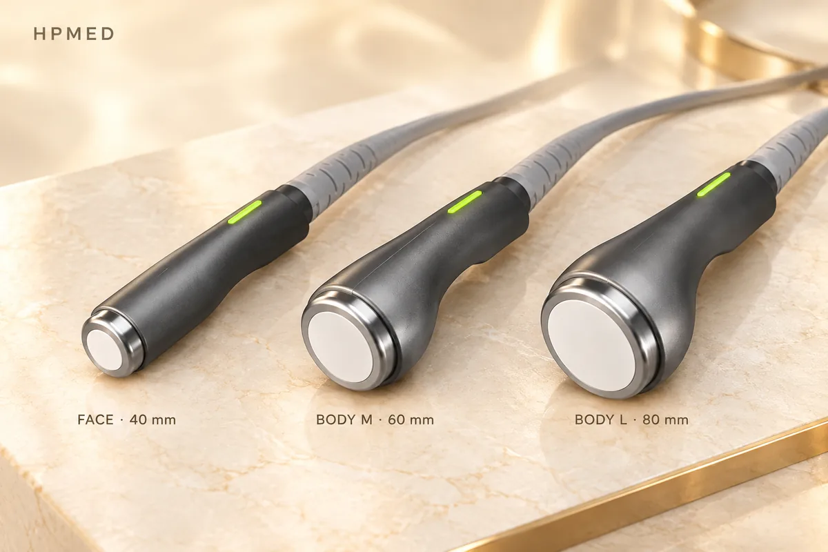 Ba tay cầm INWAVE có mặt tiếp xúc tròn, lần lượt FACE 40 mm, BODY M 60 mm và BODY L 80 mm