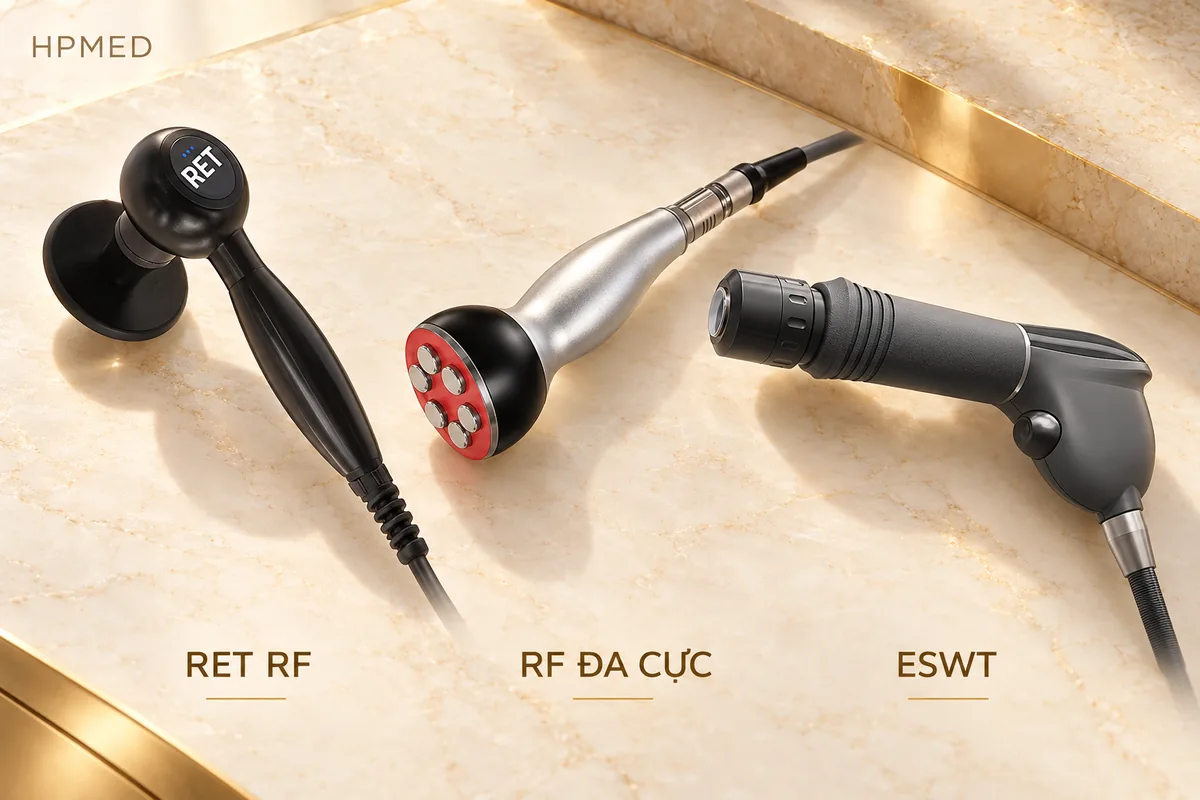 Ba tay cầm SINESON2 gồm RET RF, RF đa cực và ESWT trên nền đá màu kem