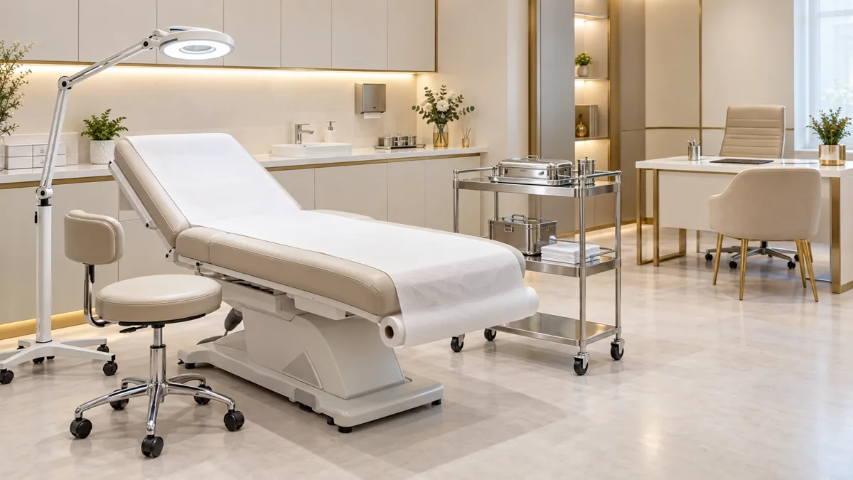 Thiết bị phòng khám da liễu: danh mục và checklist đầu tư 1 Ảnh AI minh họa giường khám, đèn khám và xe dụng cụ trong phòng khám da liễu
