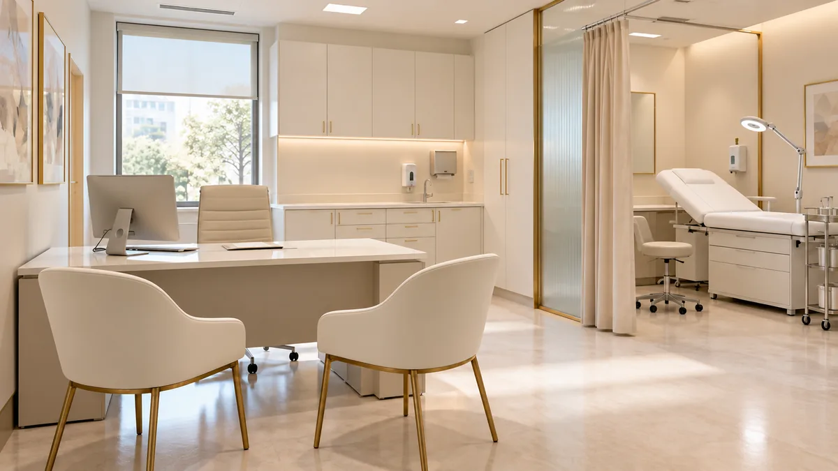 Thiết kế phòng khám da liễu: công năng, nội thất và chi phí 2 Phối cảnh AI nội thất phòng khám da liễu có bàn bác sĩ, giường khám và khu vệ sinh tay