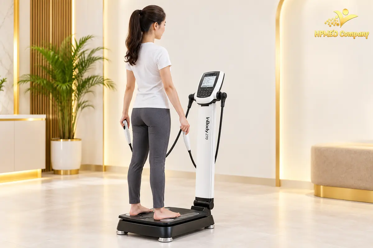 Minh họa người trưởng thành đứng chân trần trên bệ InBody 270 và giữ hai tay cầm điện cực