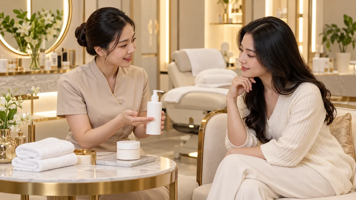 Phòng khám da liễu và spa khác nhau như thế nào? 3 Ảnh AI minh họa nhân viên spa tư vấn sản phẩm làm sạch và dưỡng ẩm cho khách hàng